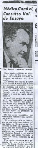 Doctor won the national essasy competition. Ismael Camacho Arango